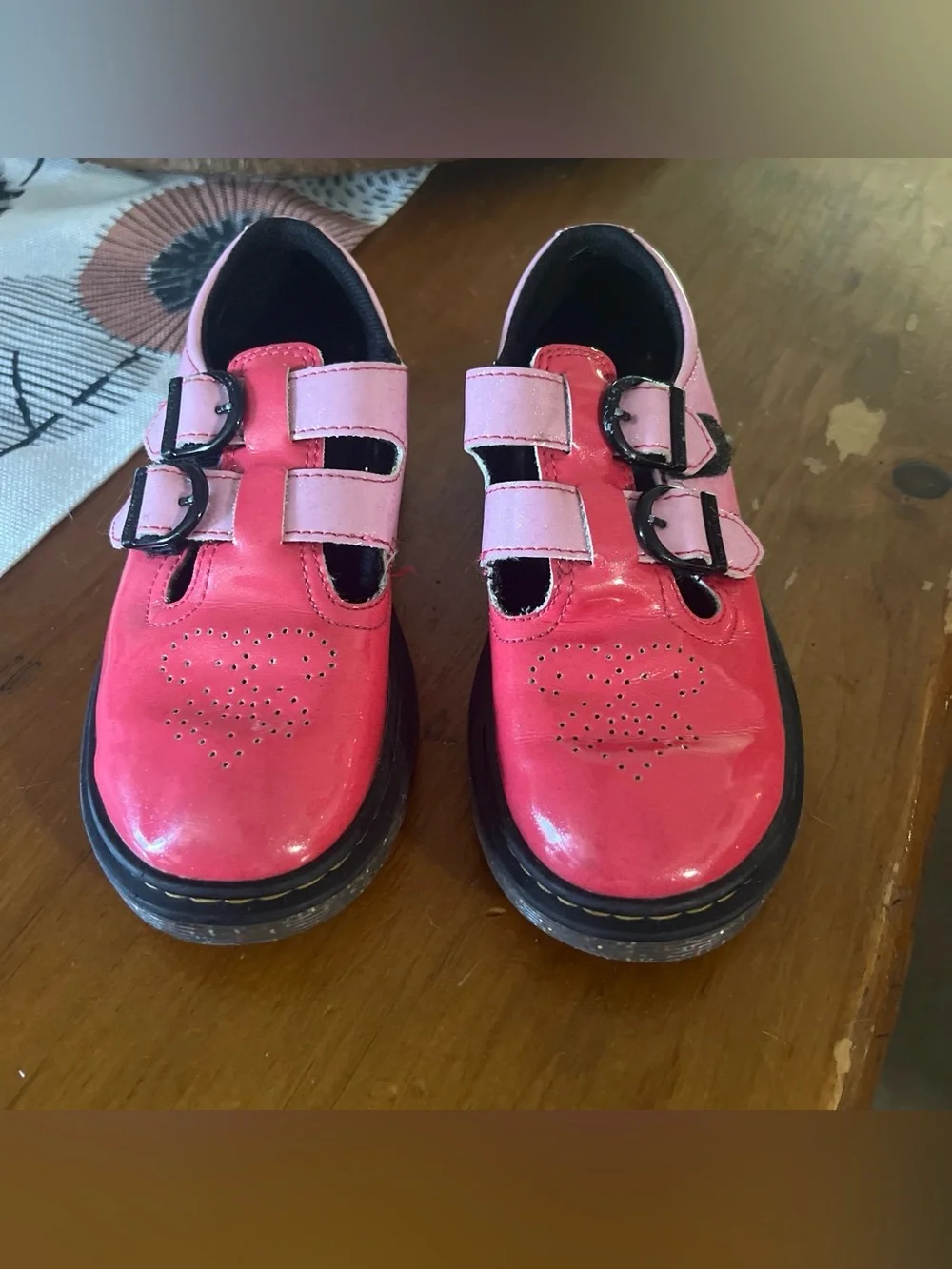 Dr. Martens Kids Pink Glitter Double Monk Strap Shoe with Black Accents
